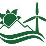 Logo with sun, wind turbine and water