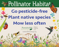 Pollinator Habitat sign: Go pesticide-free, plant native species, mow less often