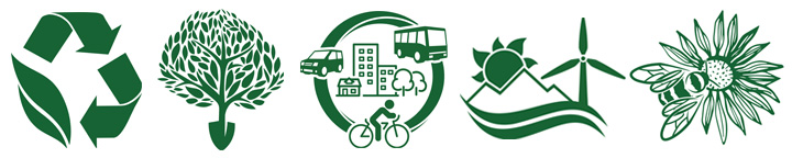 Sustainable Saratoga committee icons: Zero waste, urban forestry project, land use, climate & energy, pollinators. Donate to keep our committee projects going.