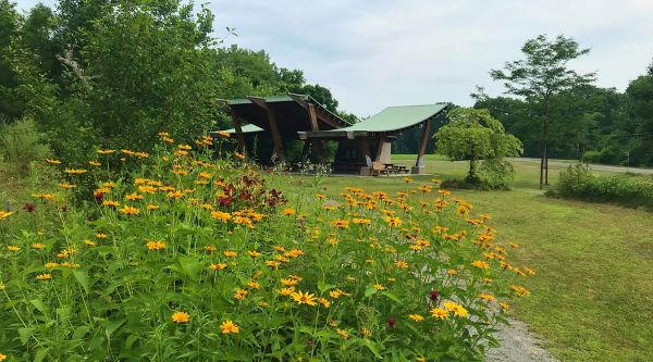 The paviloion at Hudson Crossing Park, surrounded by pollinator gardens